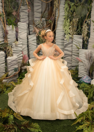 Gold And Ivory Tulle Ruffled Luxury Beaded Flower Girl Dress